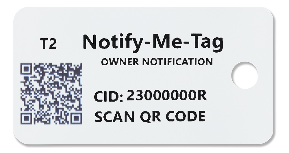 White clickable Notify Me Tag icon located on the navigation bar with scannable QR Code and instructions for finder. 