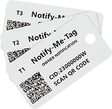 Notify Me Tag displayed front highlighting instructions and QR code for easy scan when lost item is found.