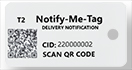White clickable Notify Me Tag icon located on the navigation bar with scannable QR Code and instructions for finder. 